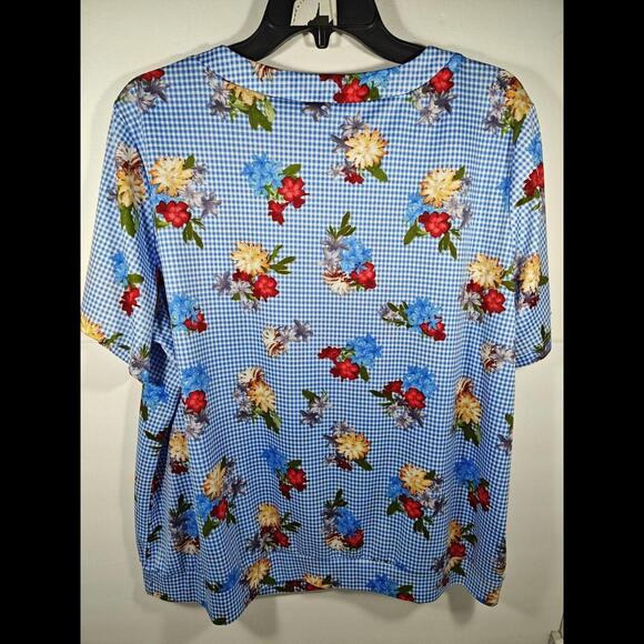 Blair 2XL Blue White Checked floral pullover top Square neck short Sleeve - Picture 6 of 10
